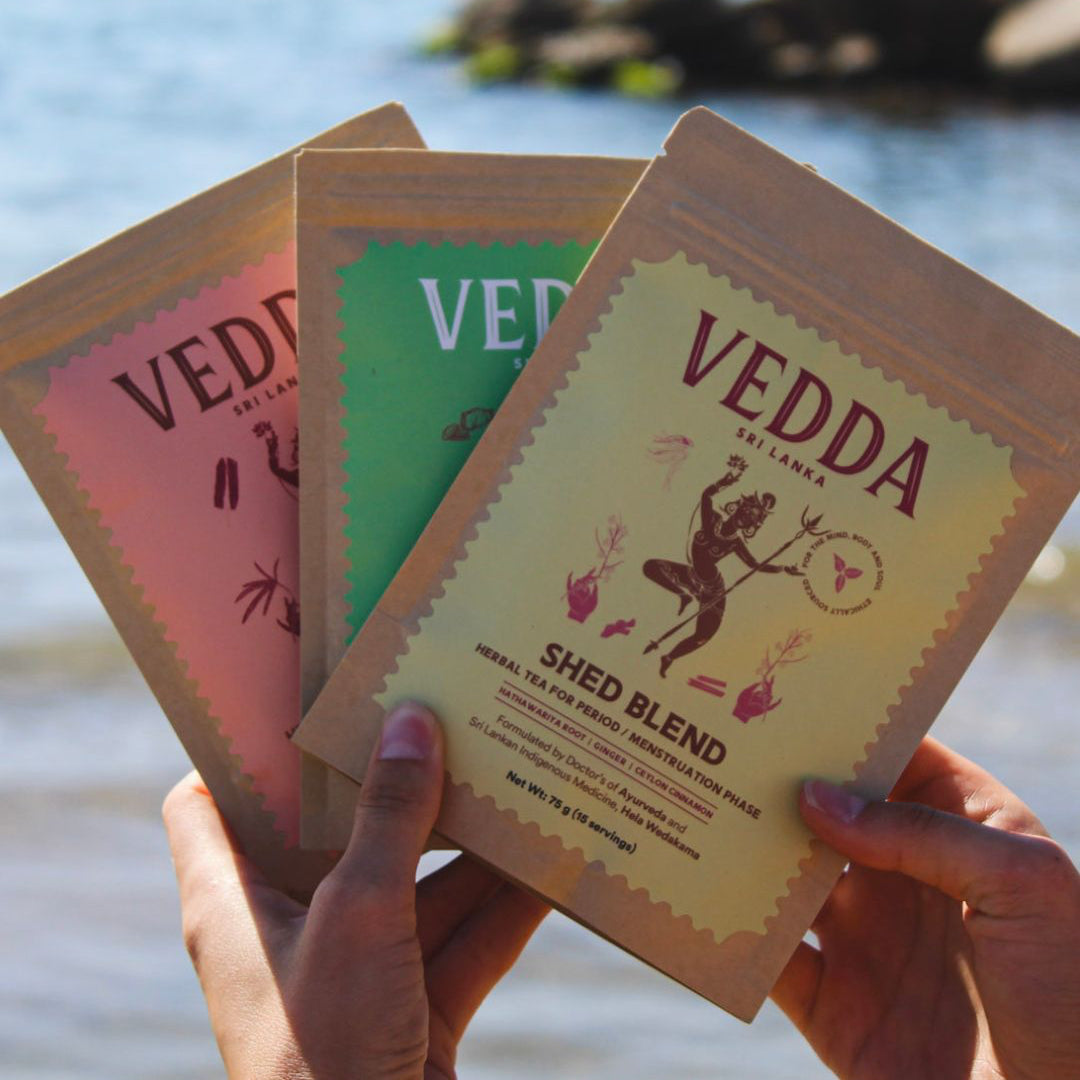VEDDA Cycle Bundle box with Bloom, Shed, and Root herbal tea pouches