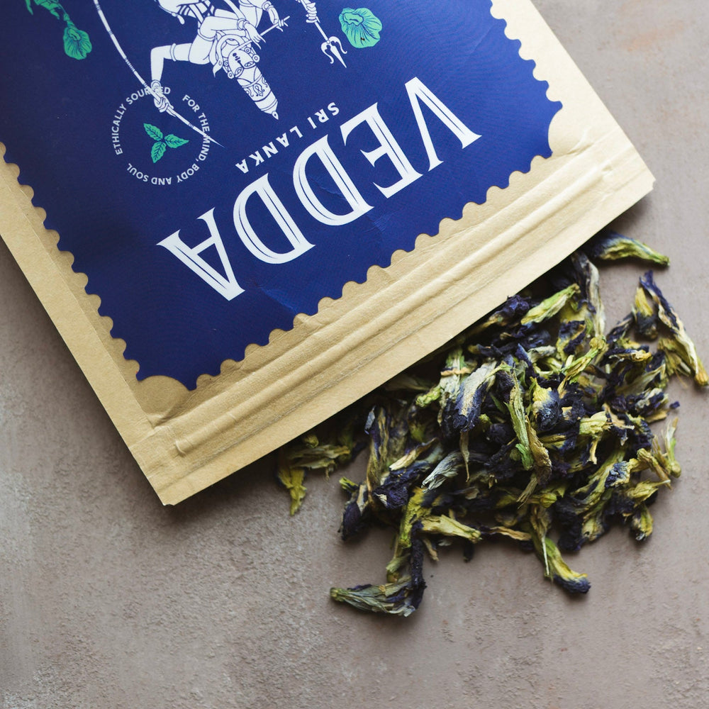 Dried Butterfly Pea flowers used to brew VEDDA blue tea