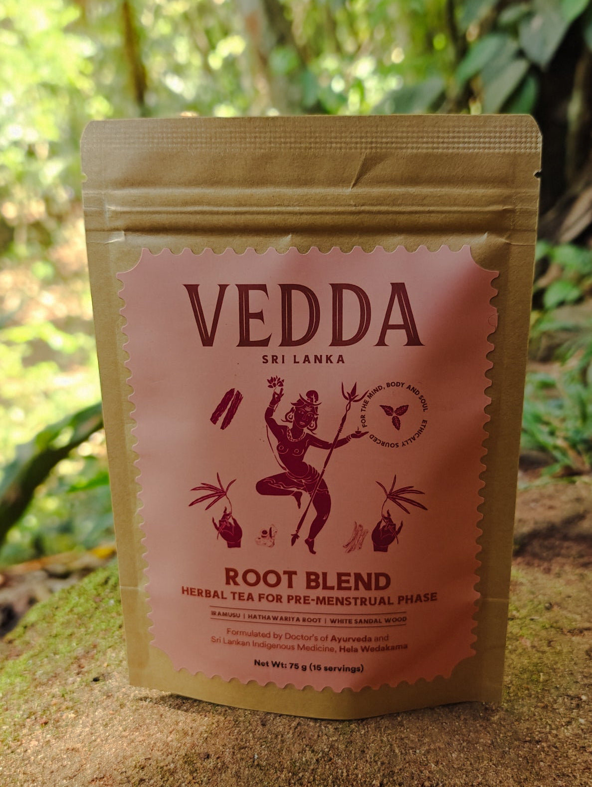 Vedda Sri Lanka herbal tea package with a natural background