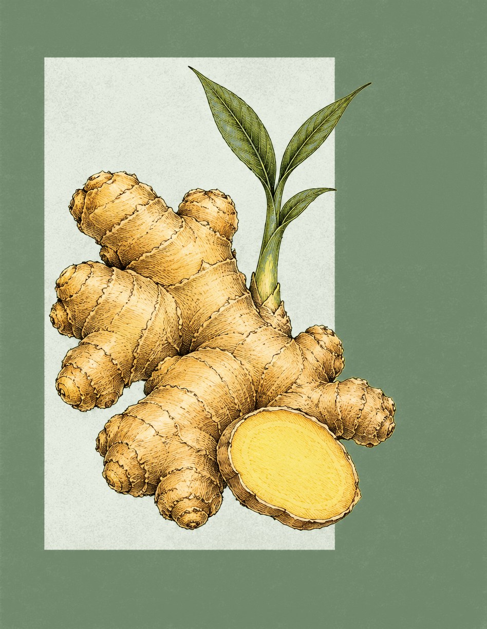 Botanical illustration of a ginger root with a sliced piece and fresh leaves on sage green