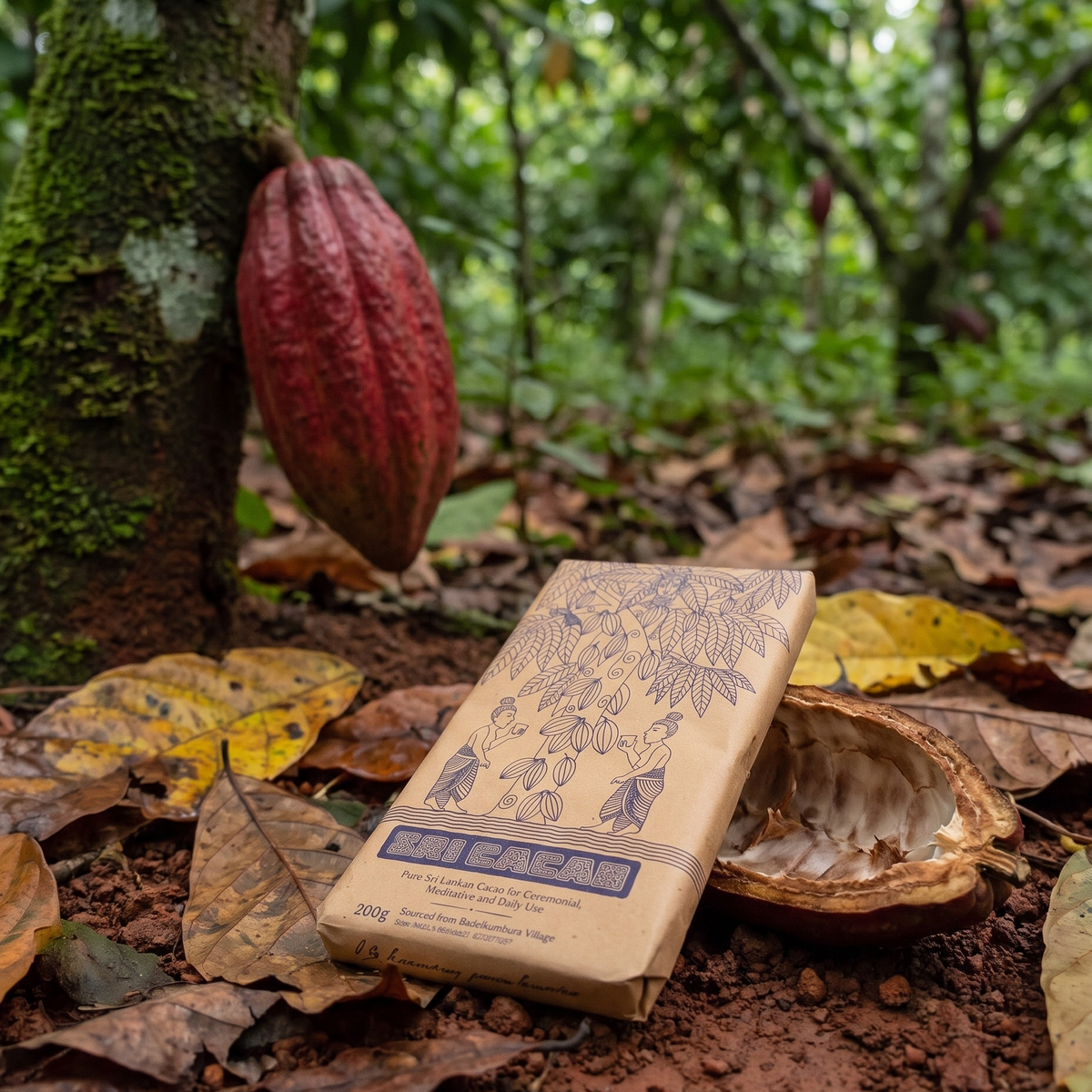 A 200g package of Cacao chocolate bars lies on a forest floor beside a red cacao pod and a cracked pod, with a blurred cacao tree trunk and foliage in the background.